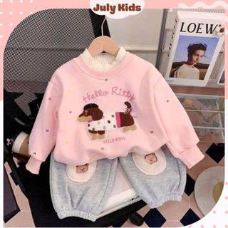  Bộ quần áo dài tay mùa đông chất nỉ dày ấm cho bé gái 9-25kg màu hồng kem phong cách trẻ em Hàn Quốc - BABY526 