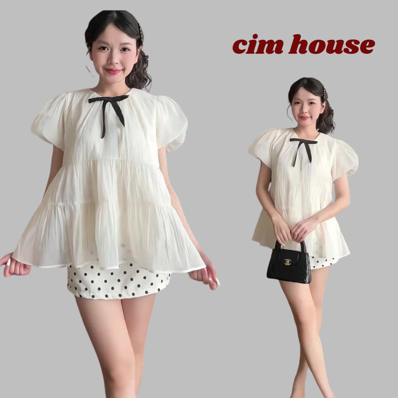 (ÁO KÈM NƠ) Áo nữ kiểu babydoll xoè tay bồng tiểu thư công chúa chất tơ xốp mềm mịn không nhăn-MA305