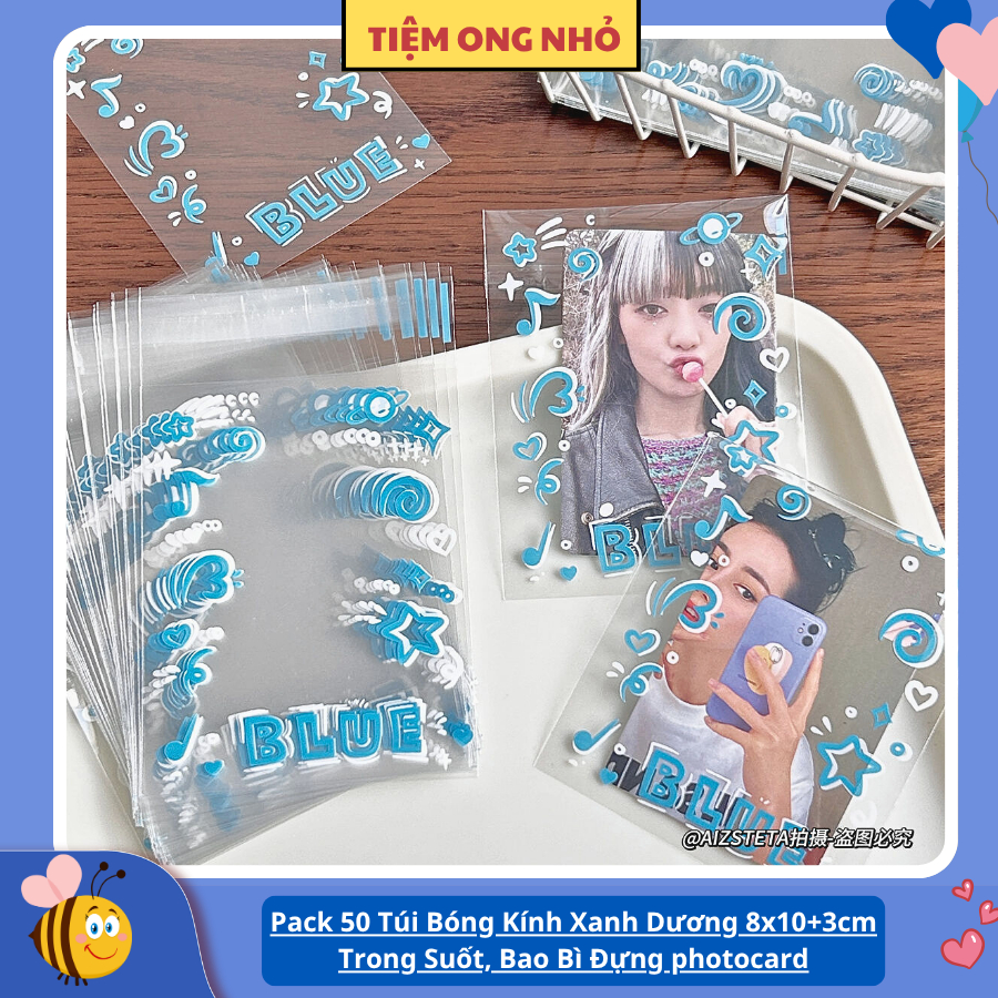 Pack 50 Túi Bóng Kính Xanh Dương 8x10+3cm Trong Suốt, Bao Bì Đựng Photocard, Túi Seal Miệng Keo Tiện