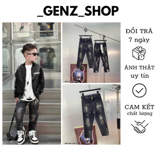  Quần Jean Cho Bé Trai Phối Rách Vẩy Sơn In Chữ Nổi Bật Phong Cách Công Tử Cho Bé 