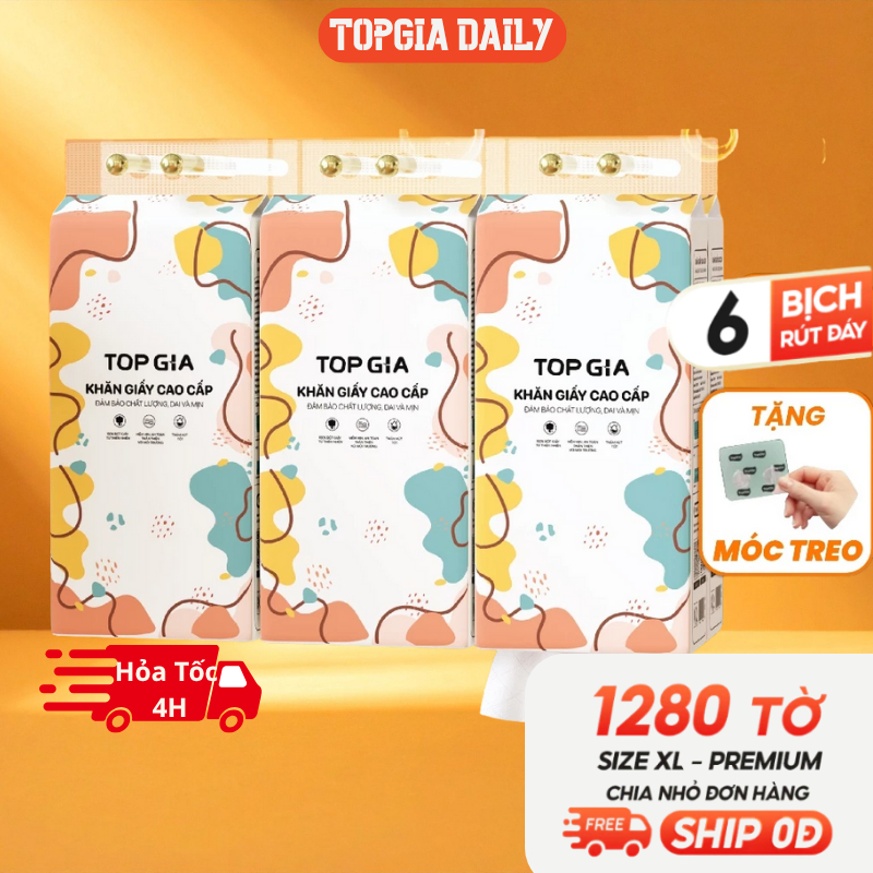 Khăn giấy vệ sinh treo tường TopGia Đa Sắc 6 bịch, khăn giấy treo tường rút 1280 tờ 4 lớp bằng bột gỗ nguyên sinh