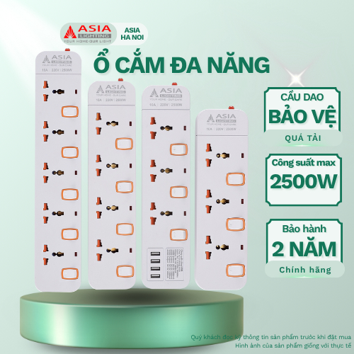 Ổ Điện, Ổ Cắm  Asia Lighting, Công Suất 2500W, Có Nắp Che An Toàn, Công Tắc Nguồn, Đèn Báo Độc Lập C