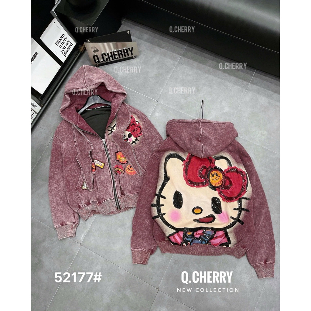 Áo Khoác Jeans Mũ Kitty Nơ Mặt Cười Đính Cườm 52177 QC