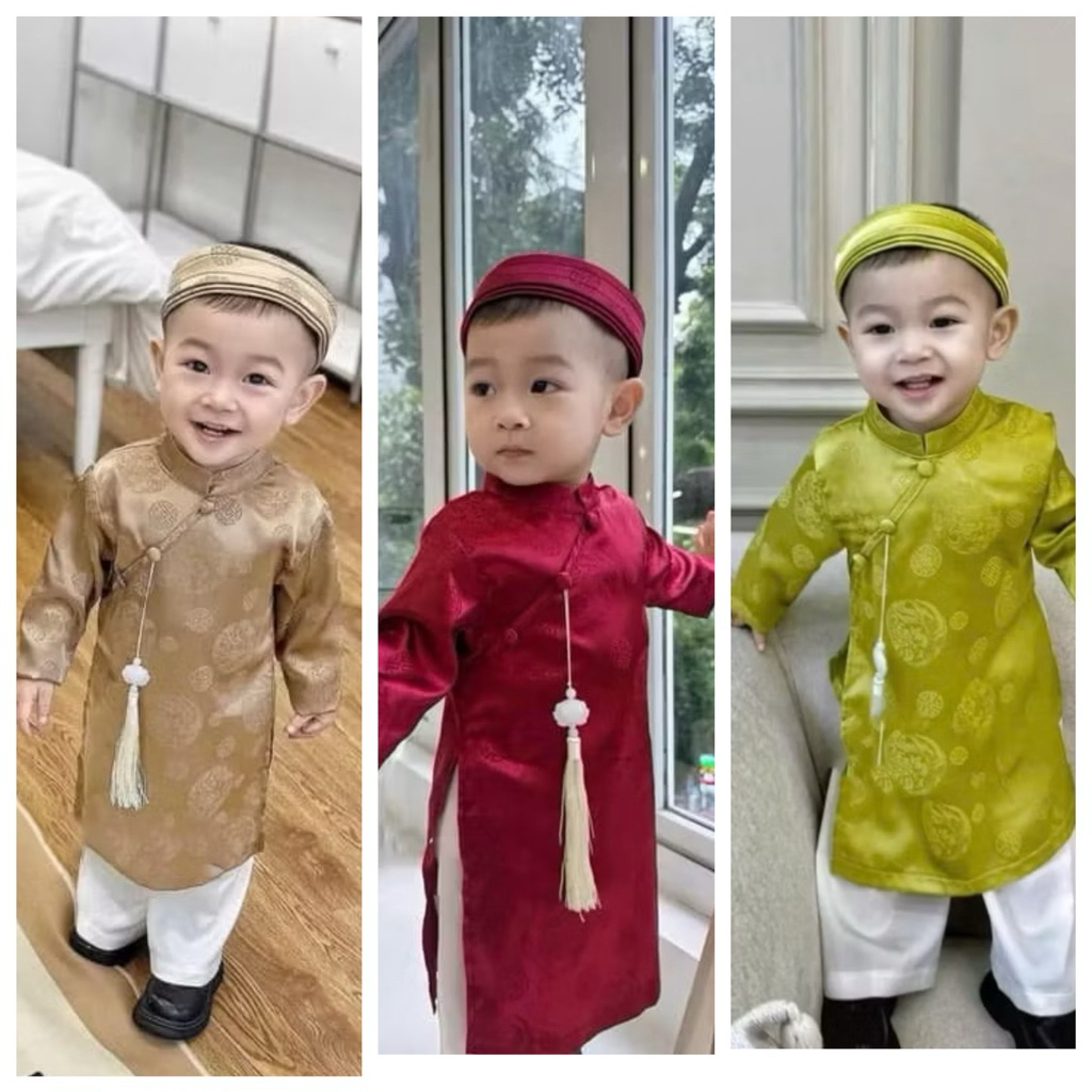 CS675, N626, Set áo dài cách tân gấm kèm quần lụa và mấn cho bé trai mặc lễ Tết