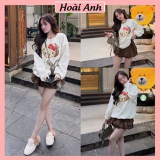  Set Bộ Đồ Nữ Áo Nỉ 2 Da Mèo Kem In Mèo Hello Kitty Dài Tay Mix Chân Váy Bí Phồng Da Lộn Màu Nâu Tây 