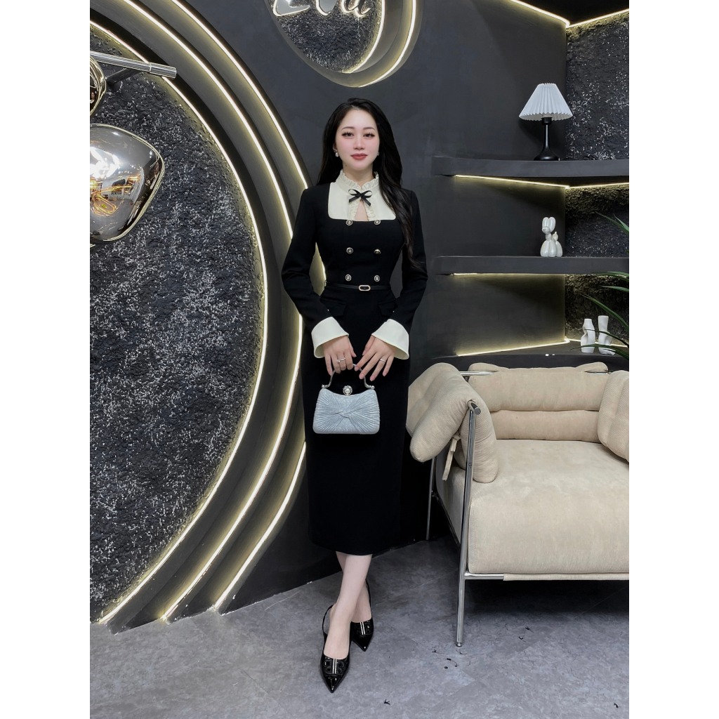 G74 - Váy Thiết Kế Evii dành cho nữ, Đầm thiết kế cổ bèo khoét nhẹ trước ngực (tặng kèm đai) dáng bú