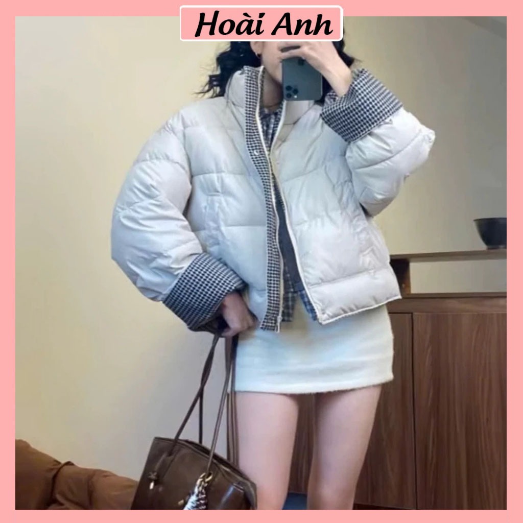 Áo Khoác Phao Da Nữ Phối Kẻ Caro Cao Cổ Cúc Bấm 2 Túi Freesize | BigBuy360 - bigbuy360.vn