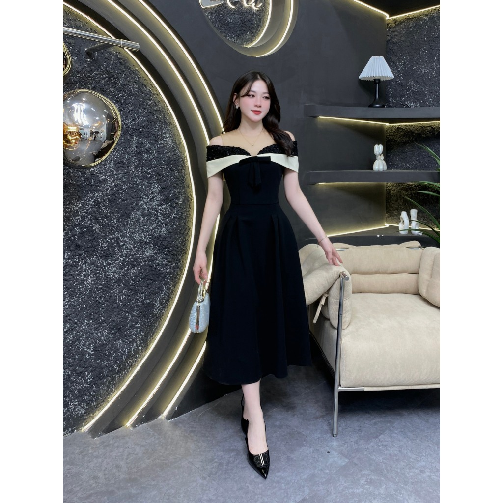 2G75 - Váy Thiết Kế Eviici dành cho nữ,thiết kế cổ tròn phối lưới, kim sa trước ngực (tặng kèm nơ cà