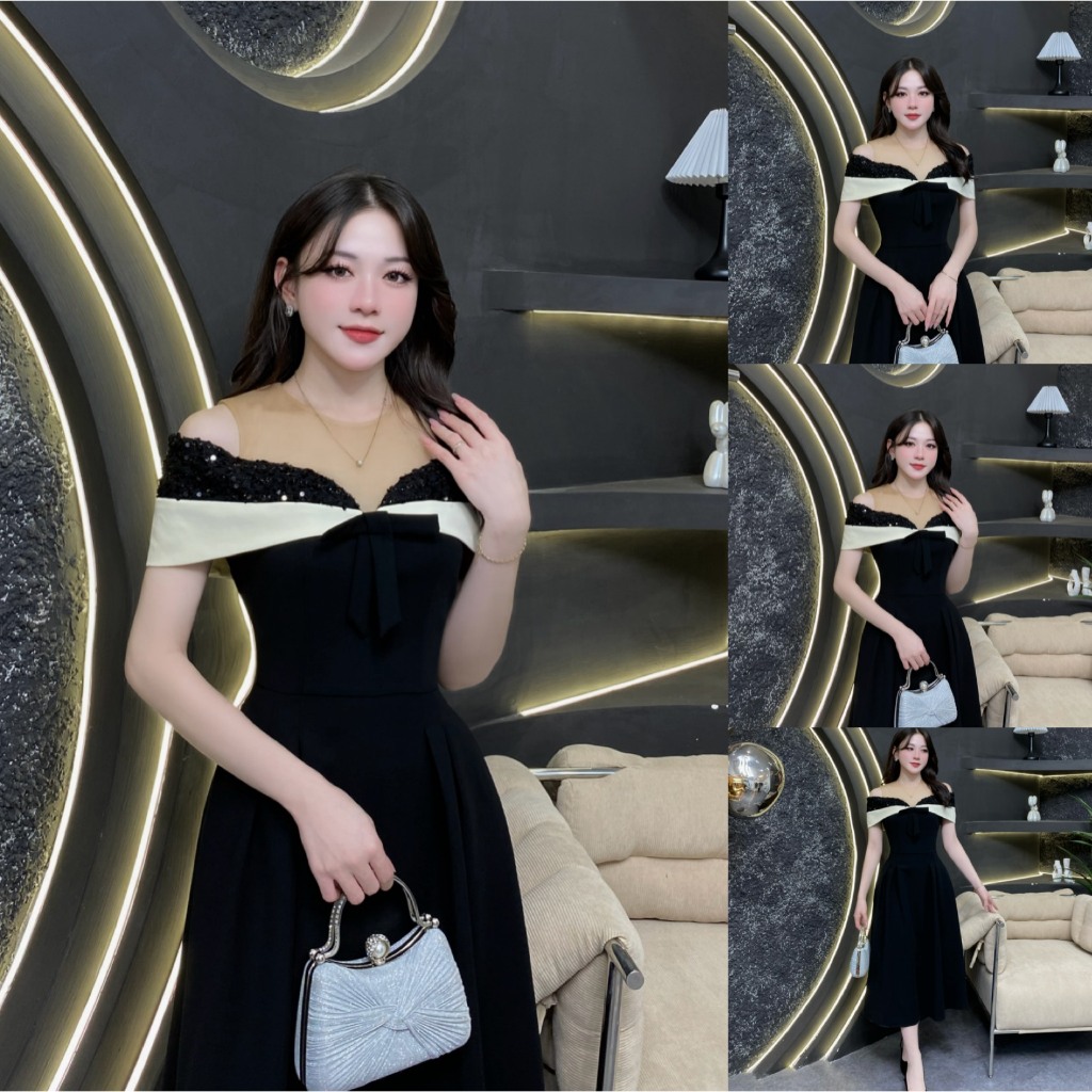 G75 - Váy Thiết Kế Evii dành cho nữ, Đầm thiết kế cổ tròn phối lưới, kim sa trước ngực (tặng kèm nơ 