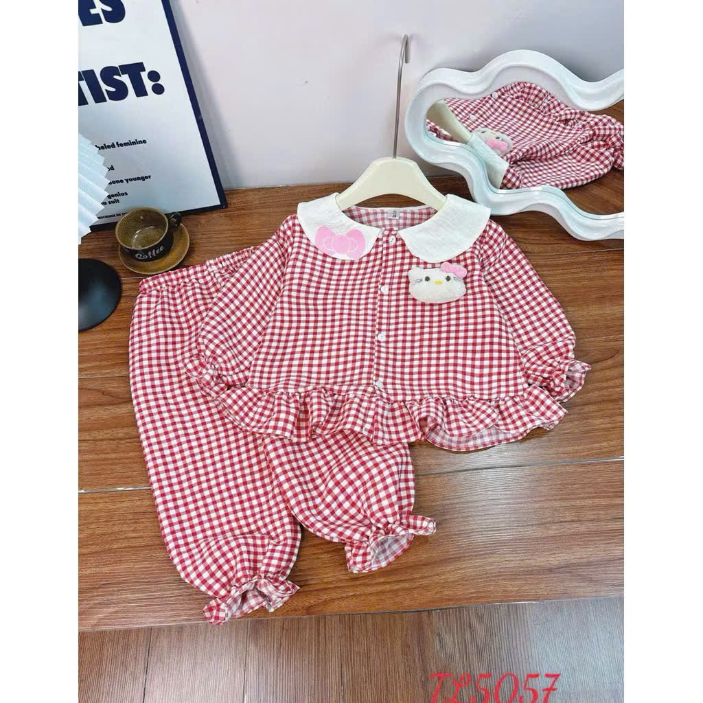 Đồ bộ bé gái, Pijama cho bé gái, Set pijama Hello Kitty kẻ caro phối bèo phong cách tiểu thư cho bé 