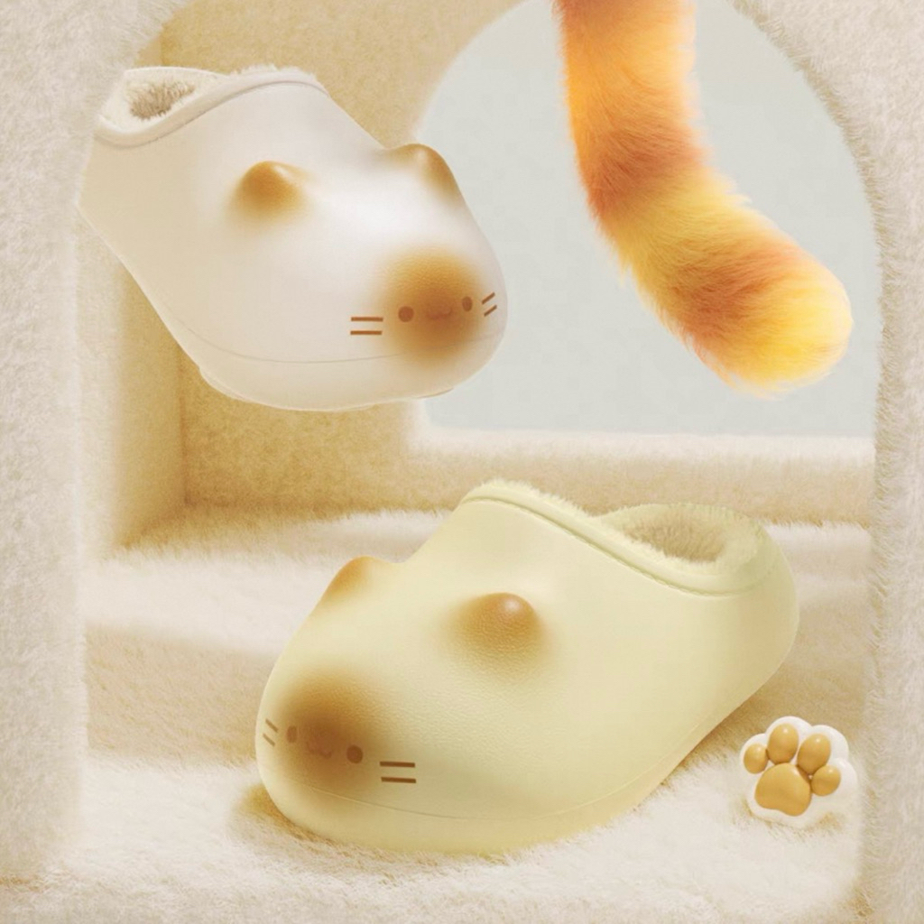 [AUTH/Sẵn HN] CHIKOKU Dép Mèo Bơ Lót Lông Thu Đông In Được Chân Mèo