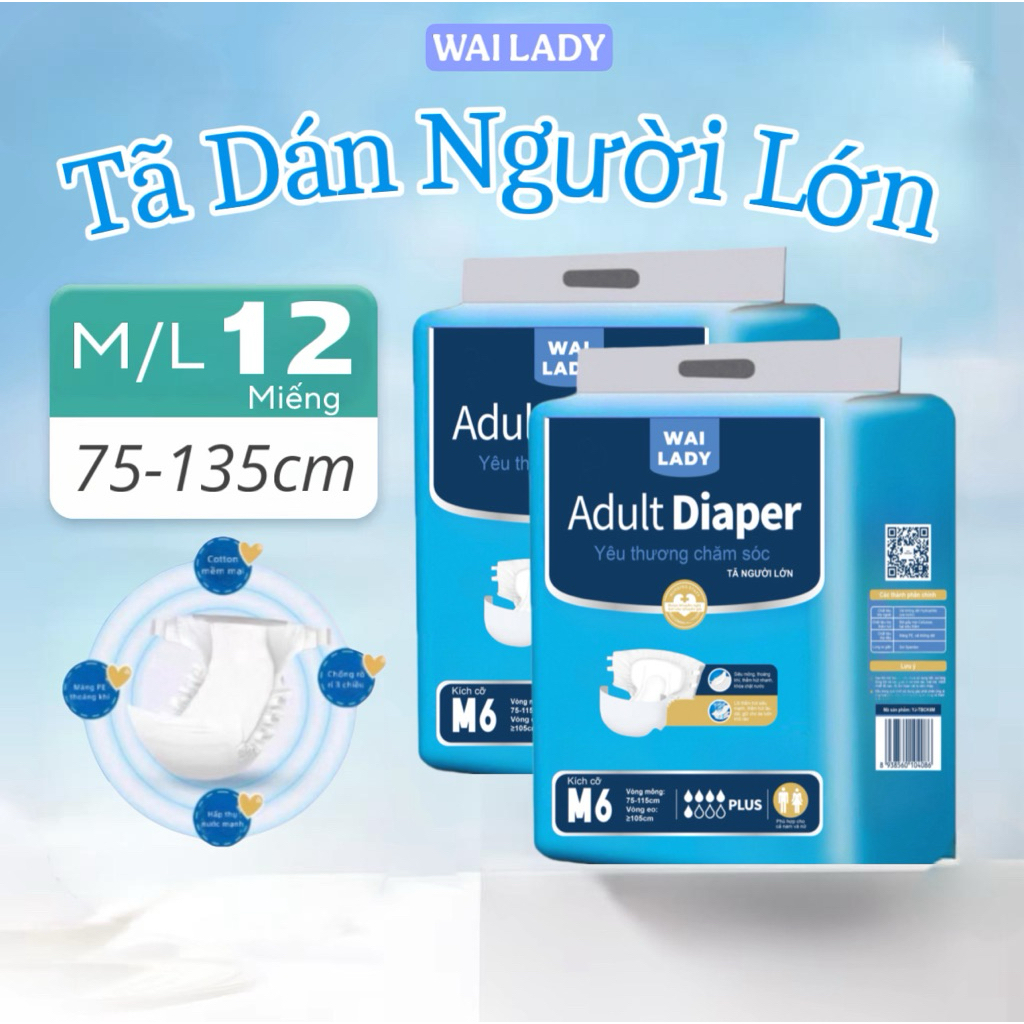 Tã Dán Người Lớn WAI LADY (Combo 12 miếng) Thấm Hút Tốt Dành Cho Mẹ Bầu Sau Sinh/Người Cao Tuổi