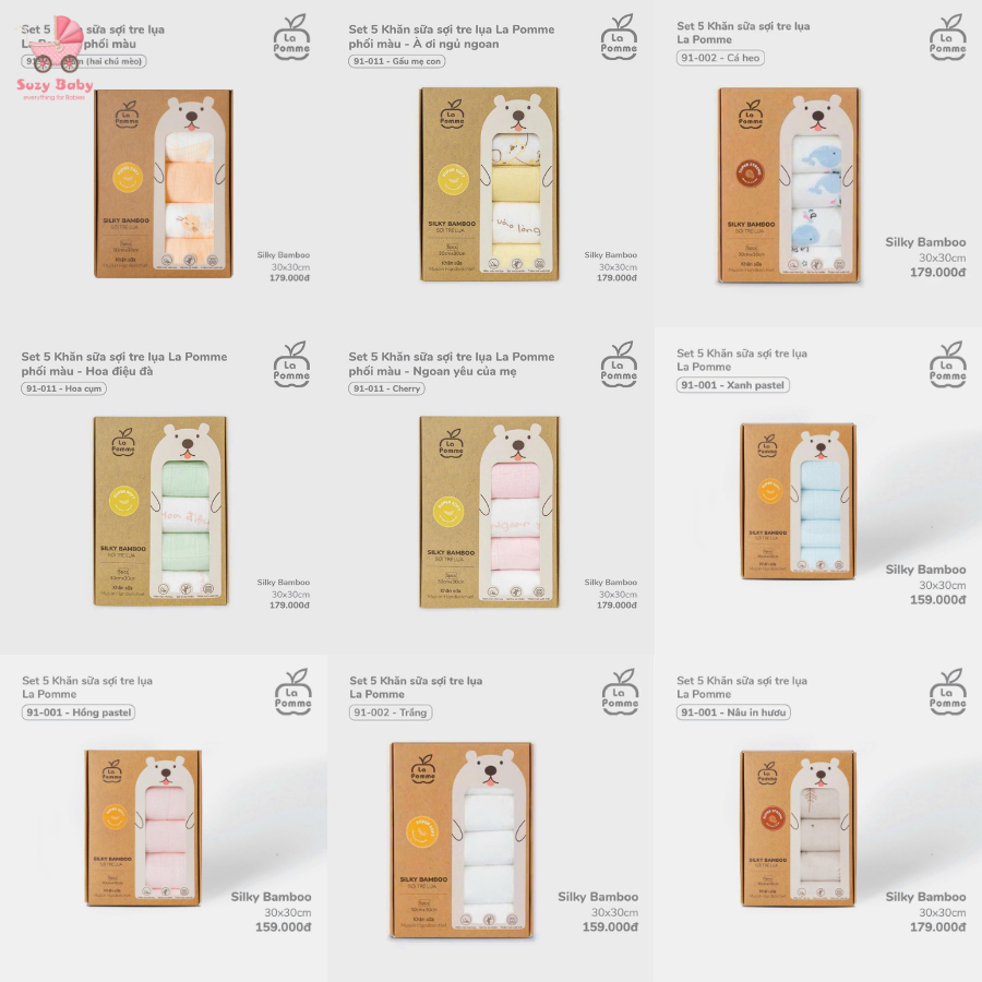 LAPOMME KHĂN SỮA LAPOMME HỘP 5 CHIẾC SỢI TRE CAO CẤP, Suzy baby