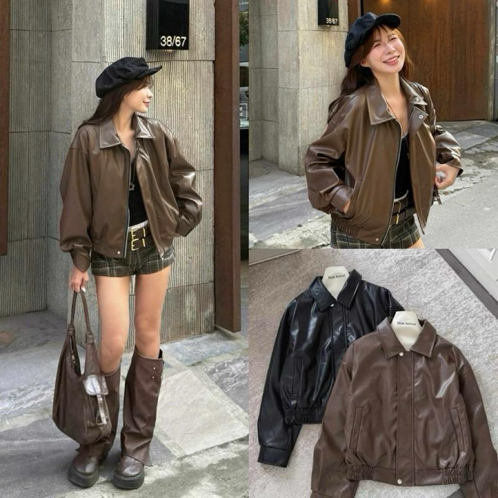 Áo khoác bomber da bo gấu form rộng loại 1 Nữ Women the.sweaterweather TSW (Có sẵn hàng)