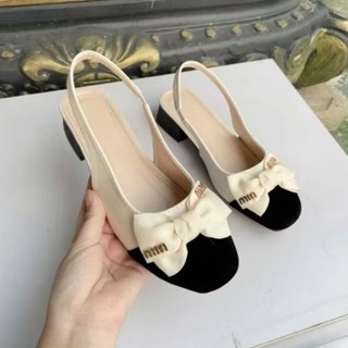  Sandal phối da Giày sục nữ Nơ Be M.lN phối màu quai cài có chun co dãn đế cao 4p marry baby bệt 