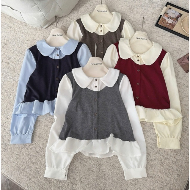 Áo sơ mi cổ sen phối len mỏng dáng babydoll dài tay H1