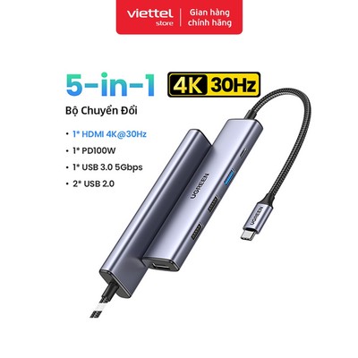 Hub chuyển đổi Ugreen Type C 5 trong 1 (15495) Chính hãng