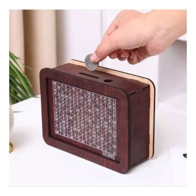 hộp tiết kiệm bằng gỗ có not số tiền, Hộp đựng tiền tiết kiệm bằng gỗ thử thách tiết kiệm 100 ngày