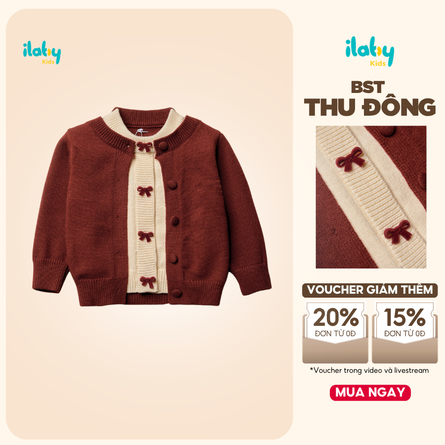 Áo len bé gái ILABY áo len đỏ cho bé gái giả cardigan đính nơ xinh mặc tết noel [3303]