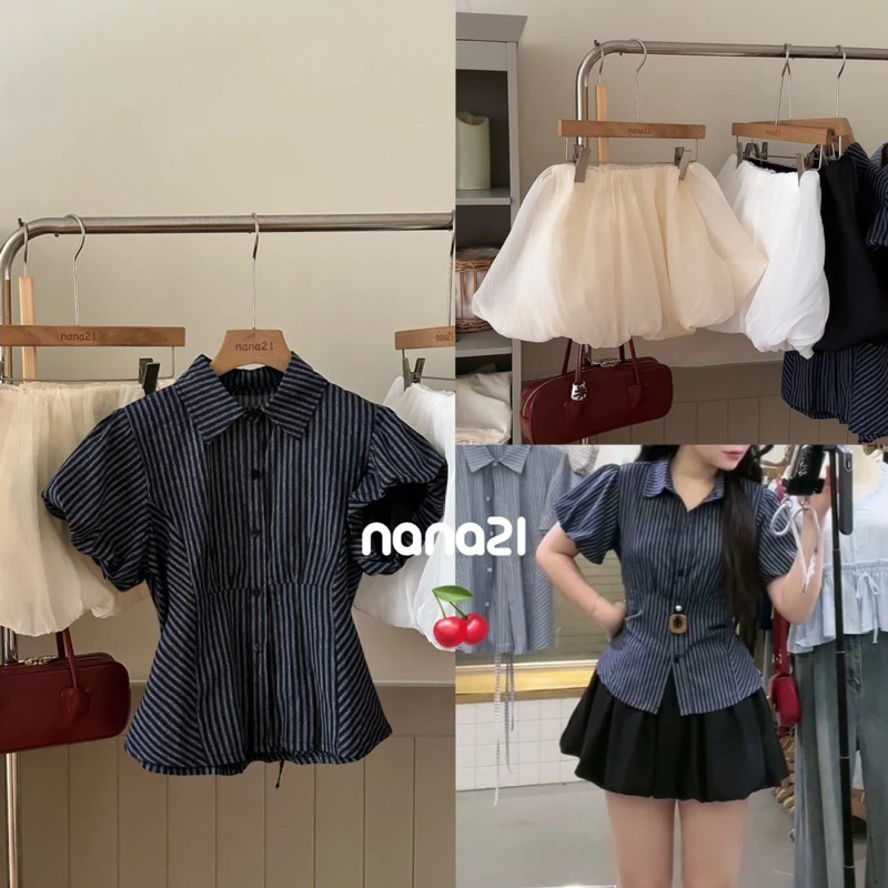  Áo sơ mi kẻ tay bồng Nana21 Nữ Woman  PB.HAVANA  CÓ BIGSIZE Áo babydoll HAERIN kẻ caro 2 lớp phối viền bèo AO583 