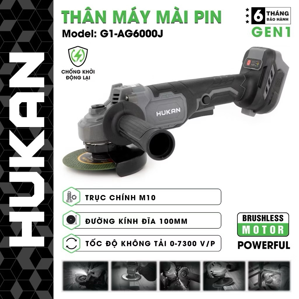 Thân Máy Mài Góc Hukan AG5700S Chân Pin Phổ thông, 3 Cấp Chỉnh Tốc Độ Động cơ Brushless Không Chổi T