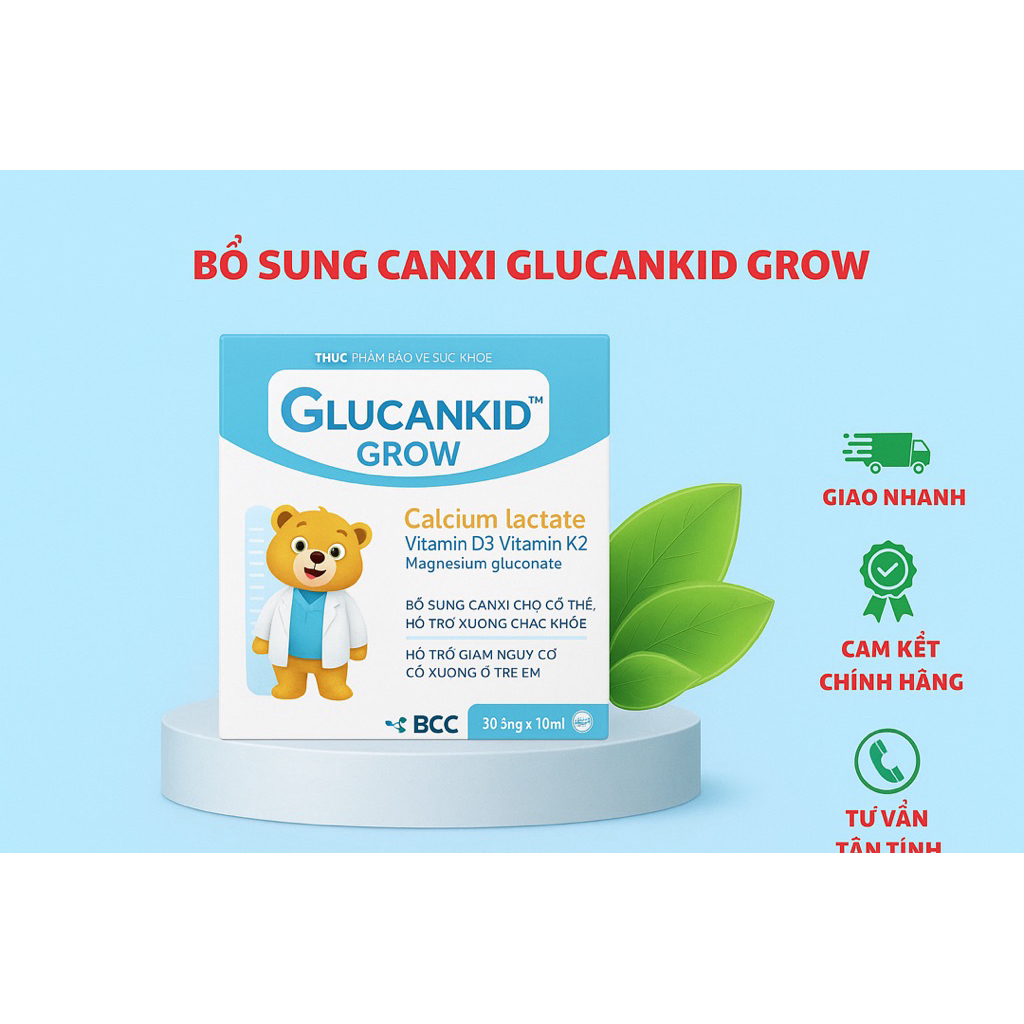 TPBVSK Glucankid Grow hỗ trợ bổ sung canxi, hỗ trợ giảm nguy cơ còi xương cho bé từ 1 tuổi