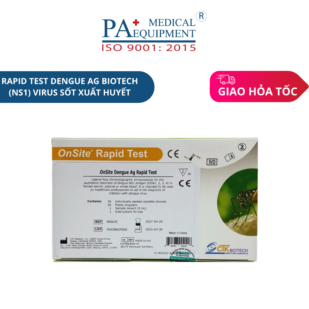 Test nhanh sốt xuất huyết OnSite Dengue Ag NS1 Biotech, dạng khay - Hộp/30test