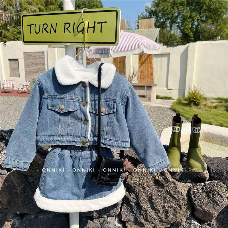 Form Rộng ( Lấy đúng size ) Set Jean Áo Cổ Phối Len Lông Cừu + Chân Váy Style Hàn Sang Chảnh Size Từ