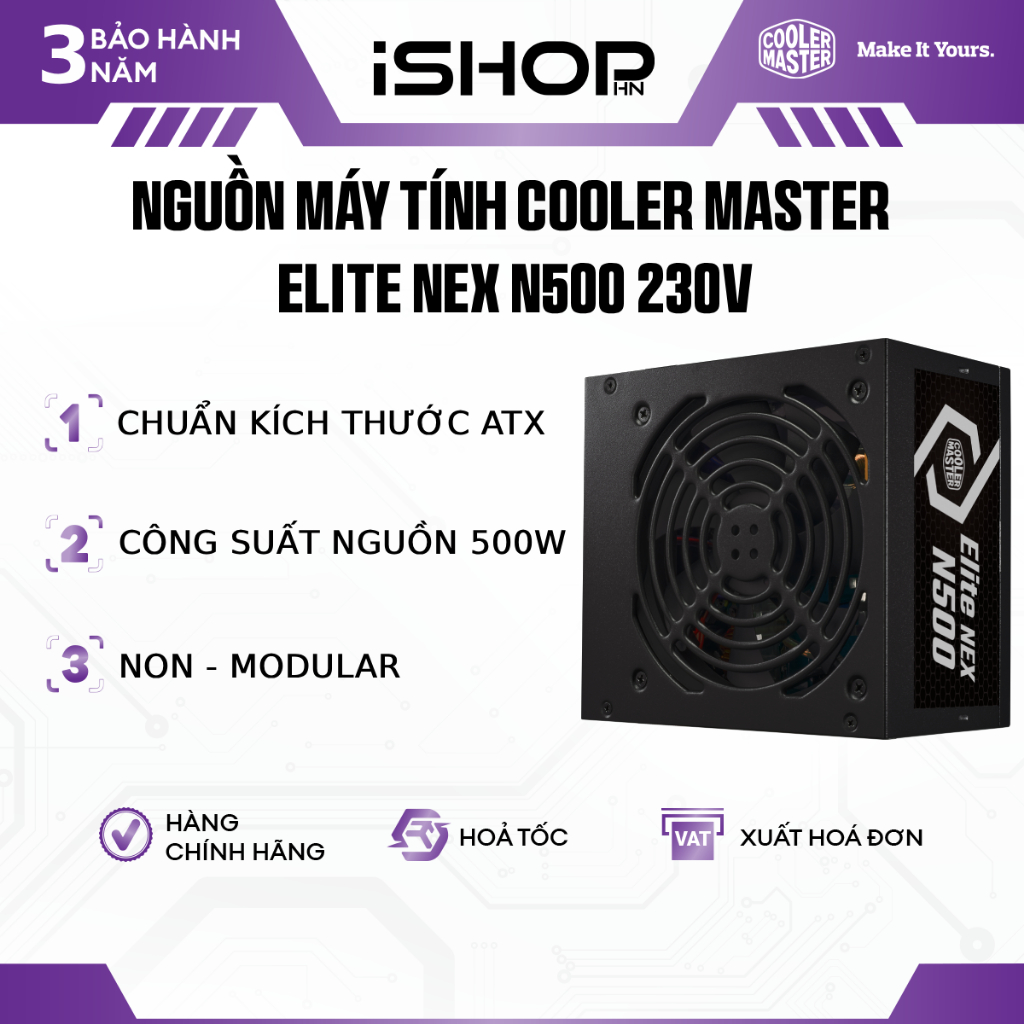 Nguồn Máy Tính Cooler Master Elite NEX N500 230V A/EU Cable 500W, Active PFC, ATX, Non-modular, hàng