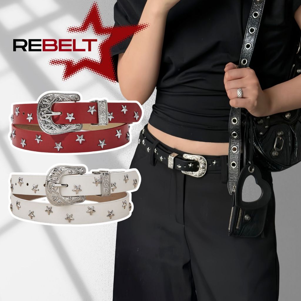 REBELT Y2K - Dây nịt nam nữ màu đỏ ngôi sao bản nhỏ phong cách y2k khóa bạc bản 2.3cm TL104