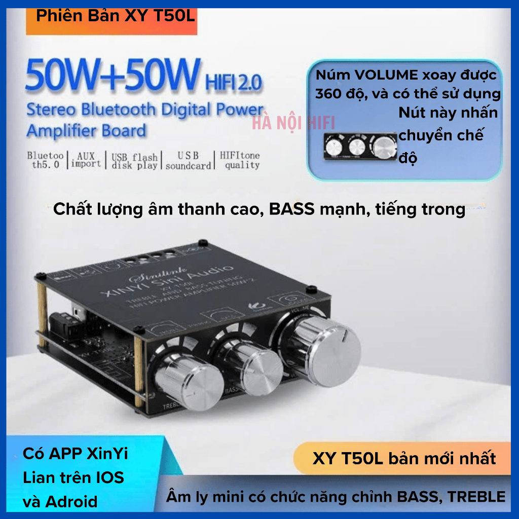 XY T50L Mạch khuếch đại âm thanh 50w+50w có Bluetooth 5.0, vặn chỉnh điều khiển từ Loa VN