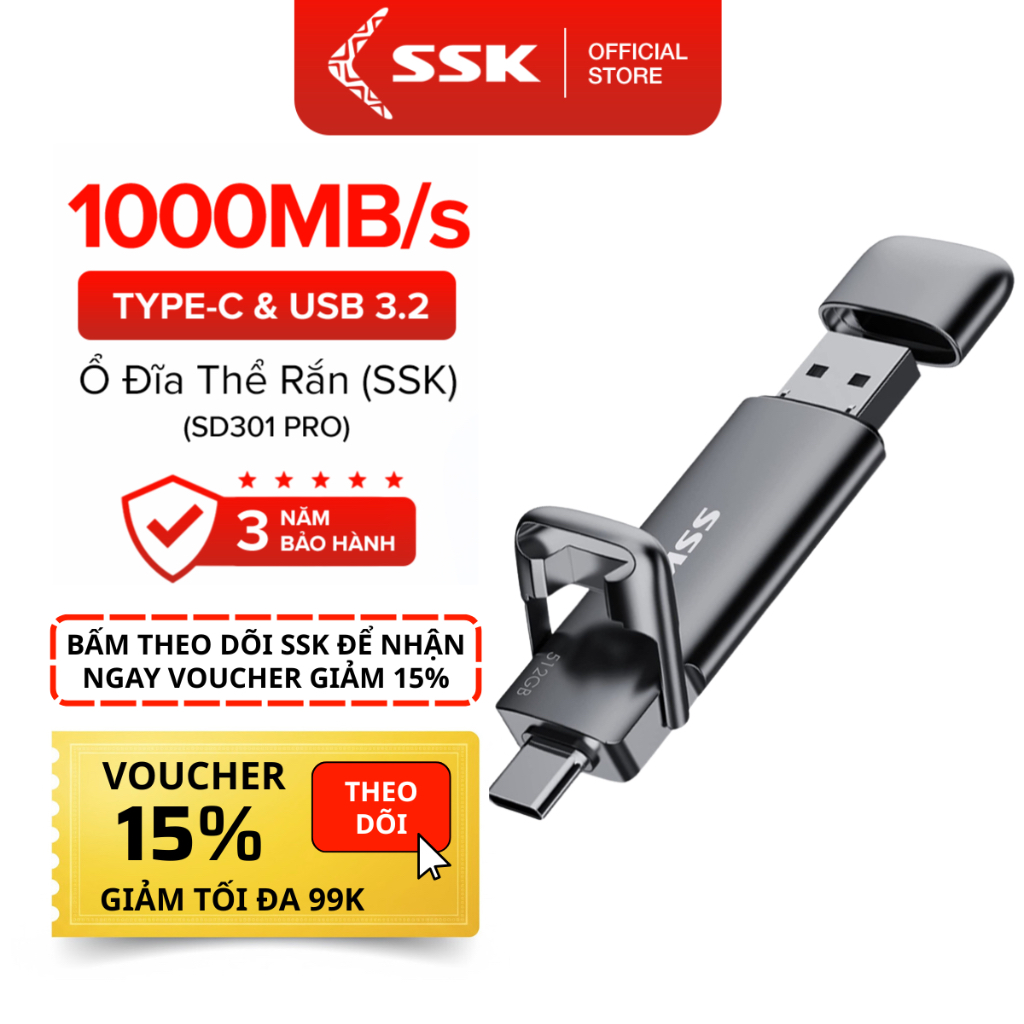 USB Flash Driver Di Động SSK SD301 Pro | Giao diện kép SSD/SSD | Pendrive Type C | Gen 2 Tốc độ truy
