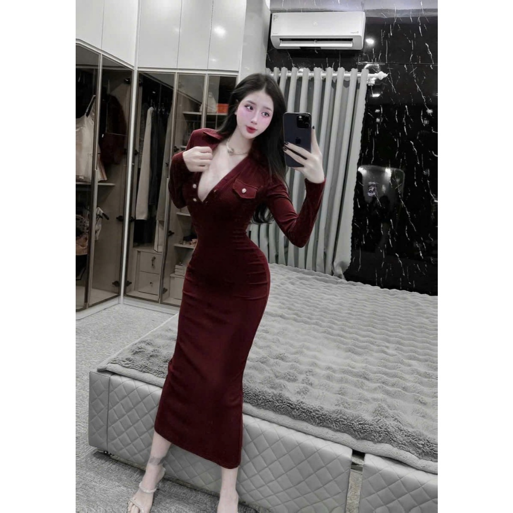 Váy Nữ Body Cổ V Dài Tay LONACO D228, Đầm Nữ Thiết Kế Dáng Dài Phối Nút Khoét Ngực Ôm Body Sexy | BigBuy360 - bigbuy360.vn