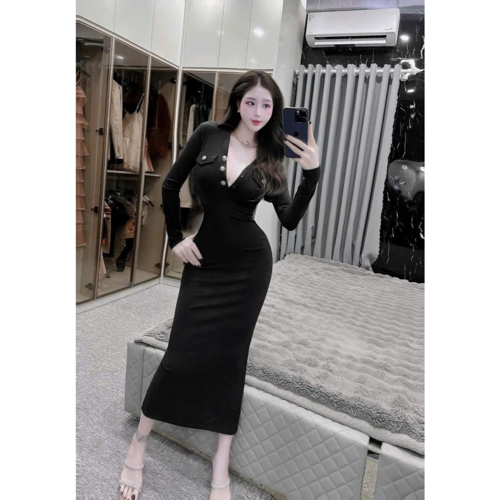Váy Nữ Body Cổ V Dài Tay LONACO D228, Đầm Nữ Thiết Kế Dáng Dài Phối Nút Khoét Ngực Ôm Body Sexy | BigBuy360 - bigbuy360.vn