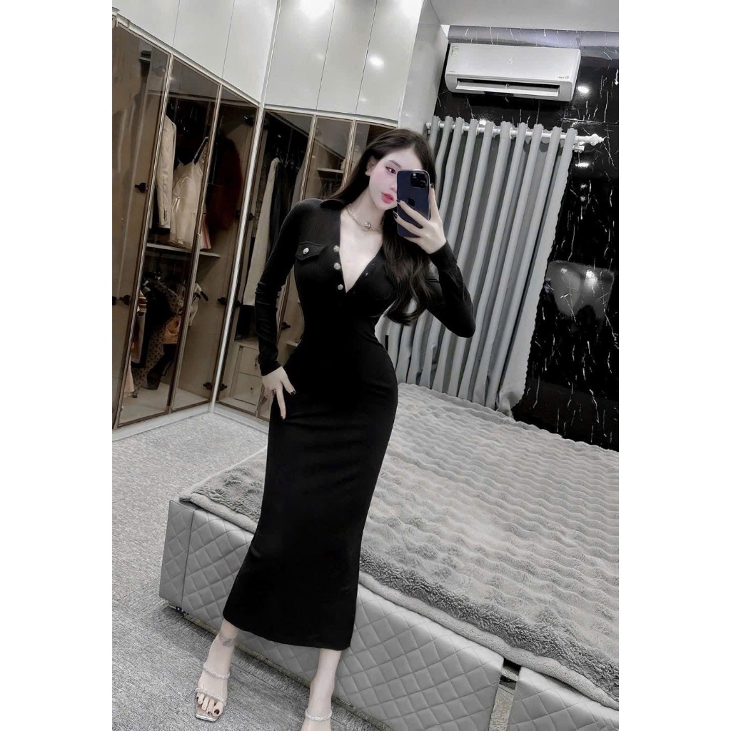 Váy Nữ Body Cổ V Dài Tay LONACO D228, Đầm Nữ Thiết Kế Dáng Dài Phối Nút Khoét Ngực Ôm Body Sexy | BigBuy360 - bigbuy360.vn