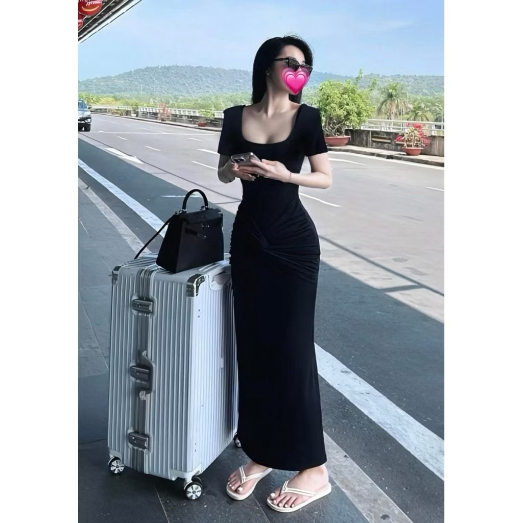 Váy Đầm Thun Body Nư Xoắn Eo Cộc Tay Dáng Dài