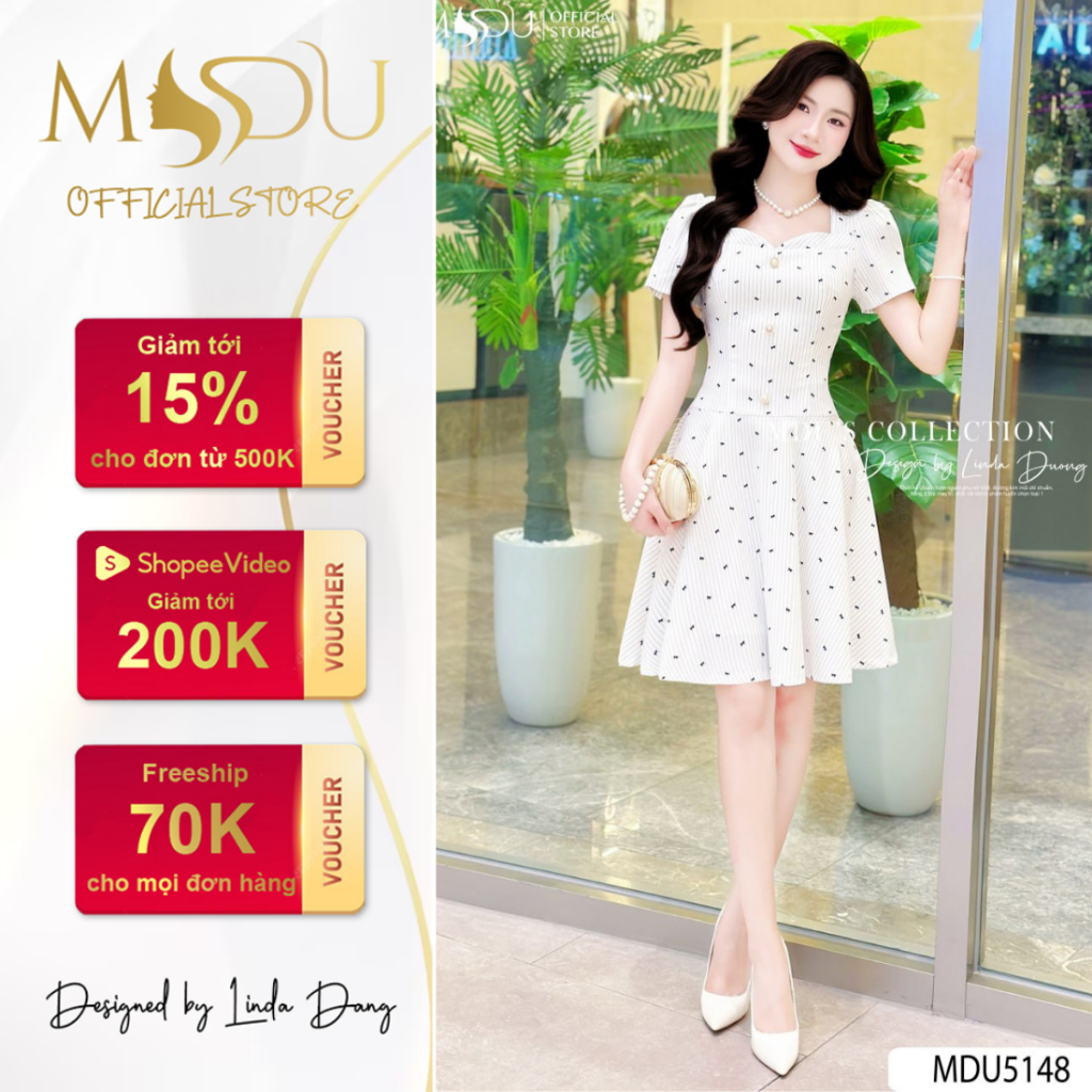 Váy Thiết Kế MDU5148 Dáng Xòe Ngắn Chất Kate Nhật Họa Tiết Sọc Chấm Bi Ngọt Ngào Từ MDU