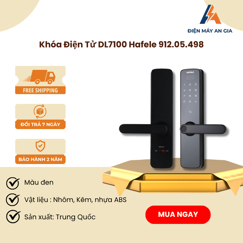 Khóa điện tử Hafele DL7100 912.05.498 – Màu đen, phù hợp cửa gỗ dày 30–60mm - PEB