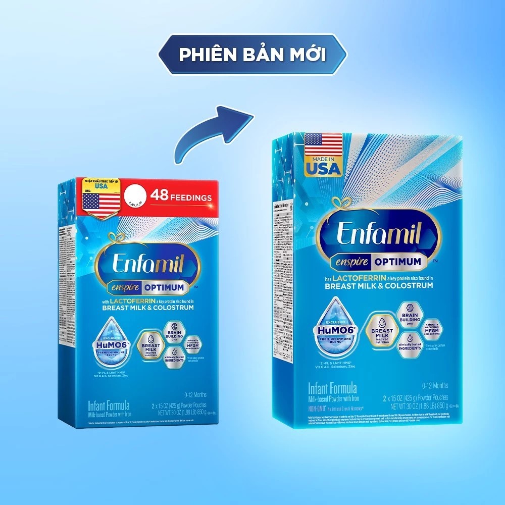 [Nhập khẩu từ Mỹ] Sữa bột Enfamil Enspire Optimum 850g hỗ trợ đề kháng cho trẻ 0-12 tháng tuổi