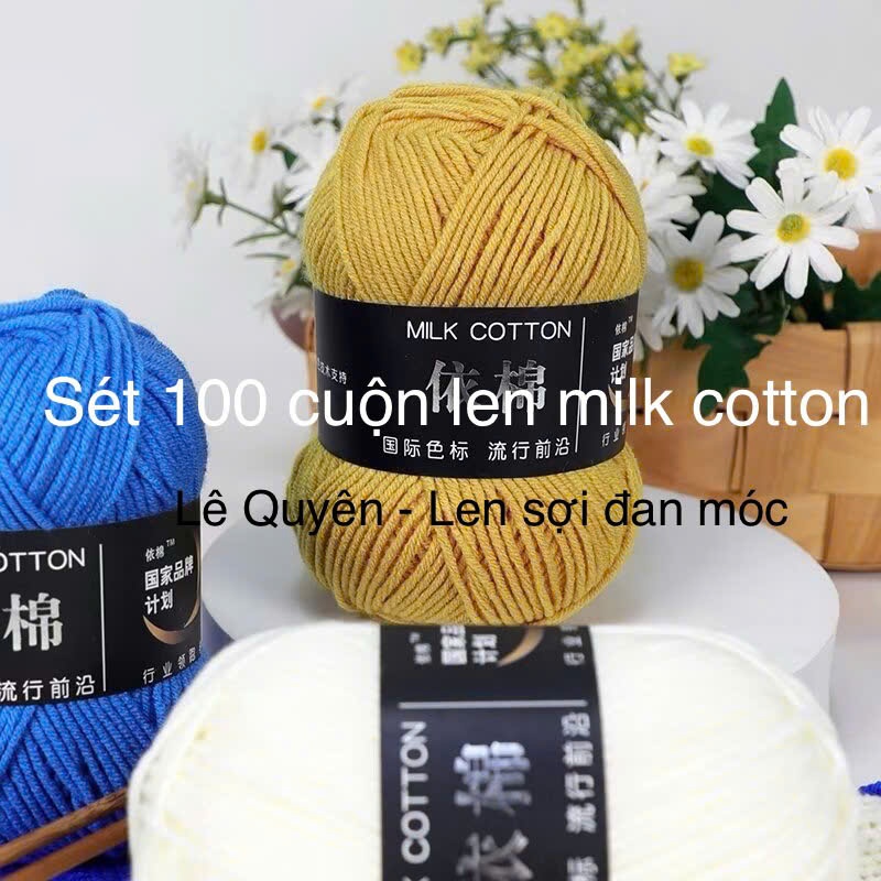 Combo 100c len milk cotton 50g, sét 100c len milk cotton mác đen