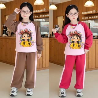  Đồ bộ bé gái bộ nỉ bông tàu dày dặn mềm mịn hot 2025 áo cổ tròn in hình cô gái kèm quần bo gấu cho bé từ 8-35kg 