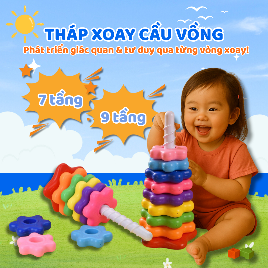 Tháp xếp tầng cho bé 1–4 tuổi, Đồ chơi tháp xoay cầu vồng nhiều màu, phát triển kỹ năng & trí tuệ sớm, Tháp con quay