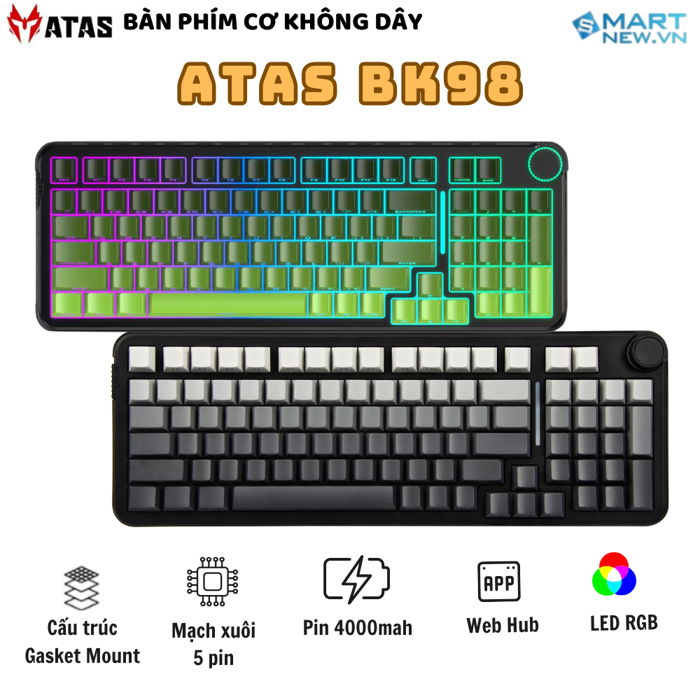 Bàn phím cơ ATAS BK98 không dây 3 mode - Mạch Xuôi - Hỗ trợ hotswap 5 pin - LED RGB - Có Web