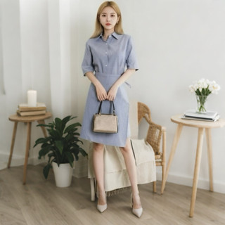 Đầm sơ mi váy dạo phố sọc đen đắp tà (kèm hình thật)