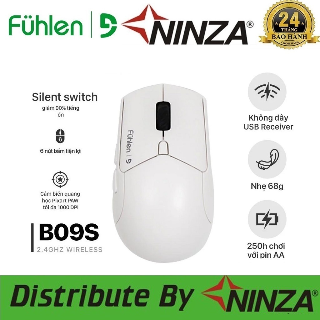 Chuột Không Dây Gaming Fuhlen B09s Dual Modes Silent Switch Giảm Ồn/ DPI 4000/ màu Trắng - Đen - Bảo