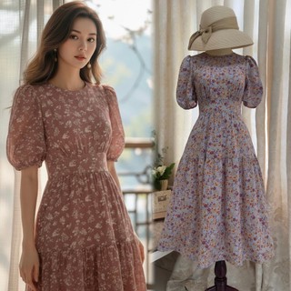 Đầm Midi cổ tròn tay phồng eo thun nối hông, phối tầng _ D5.976