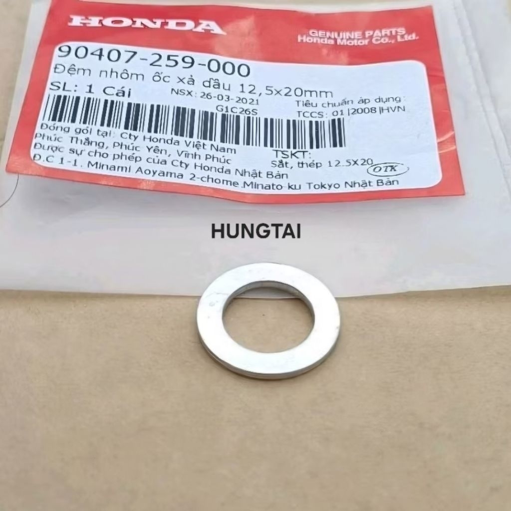 Đệm phẳng, lông đền nhôm ốc xã dầu, nhớt DREAM, WAVE, FUTURE.... zin 12,5x20mm 90407-259-000