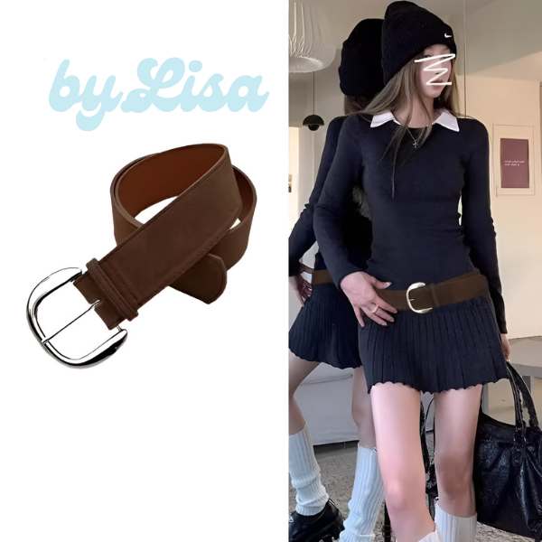 Thắt Lưng Da Lộn Bản Siêu To Phong Cách Maillard Cổ Điển, Dây Nịt Da Màu Nâu Chất Nhung byLisa