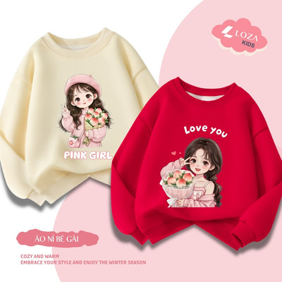 Áo sweater bé gái in hình bé gái Hot trend - Áo nỉ trẻ em cổ tròn size từ 18-42kg  Loza Kids IN005