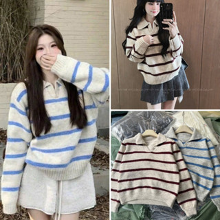   HÀNG SẴN  Áo Len Cổ Bẻ Len Lông Thỏ Áo Sweater Nữ Dệt Kim Phối Kẻ Ngang Nhỏ ĐỎ XANH Phong Cách Hàn Quốc Hàng QC 